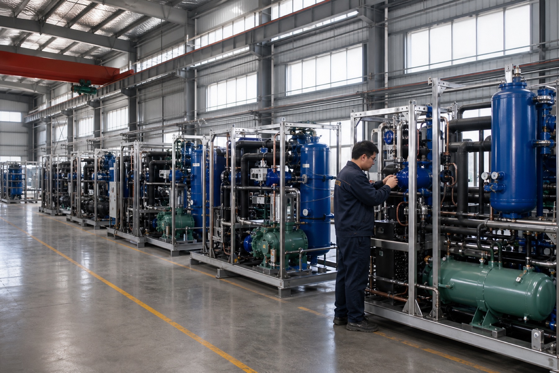 Editorial visual of industrial refrigeration skids being inspected in an assembly hall.