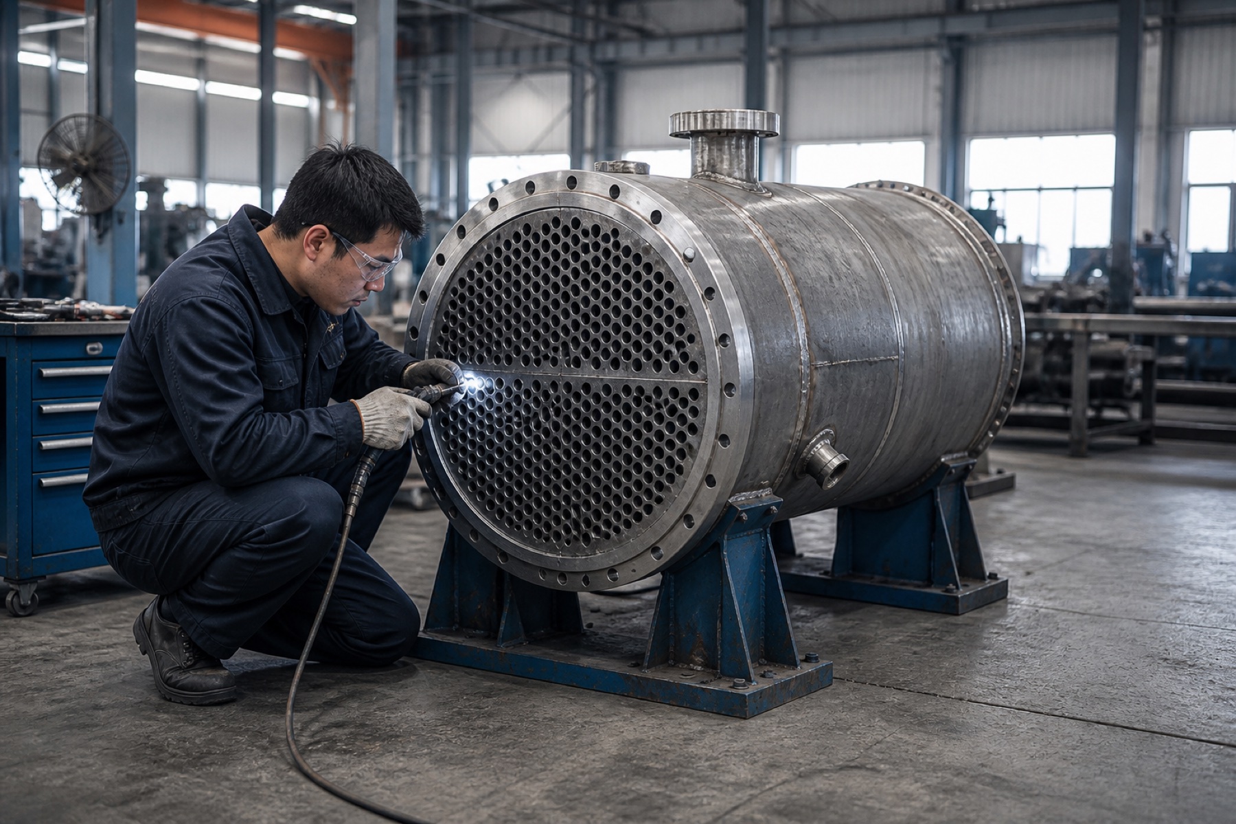 Editorial visual of a technician working on a shell and tube heat exchanger.