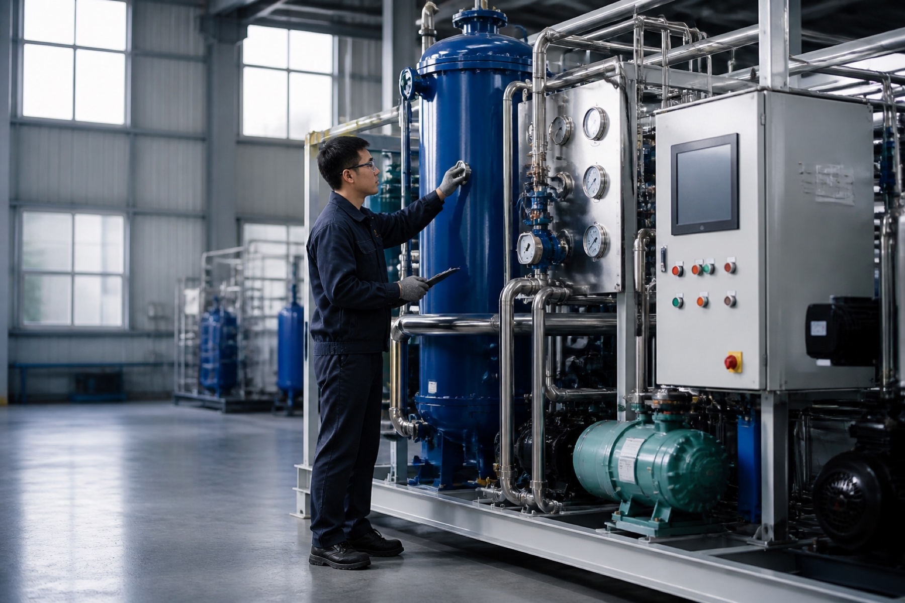 Editorial visual of an engineer checking gauges on industrial refrigeration equipment.
