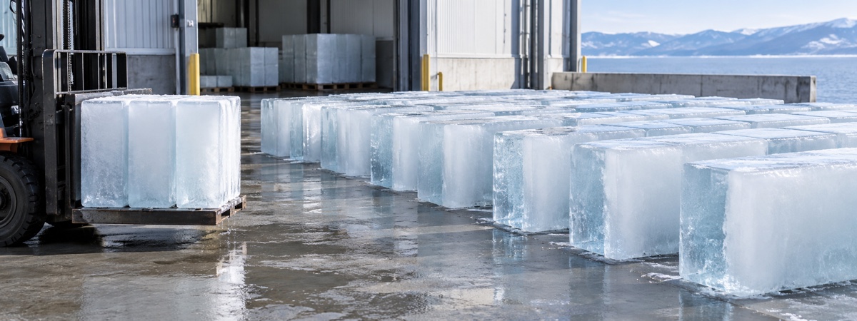 Illustrative ice distribution setting with rectangular ice blocks ready for loading