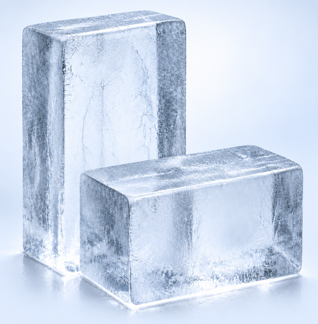 Two solid rectangular ice blocks showing the block ice format