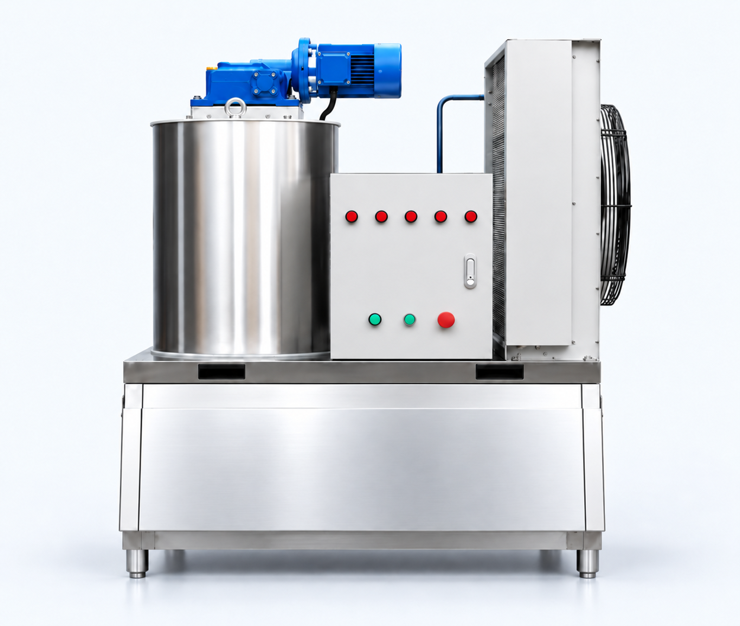 Jinduo flake ice machine appearance showing an evaporator, control cabinet and condenser