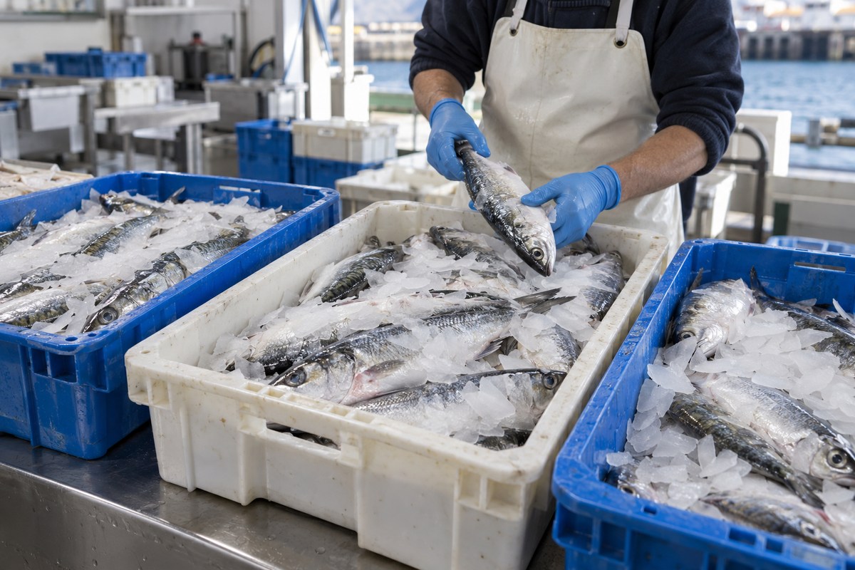 Fish packed with flake ice in handling boxes at a seafood sorting area
