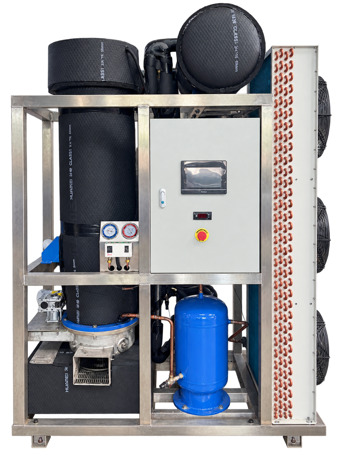 Front view of a Jinduo JDT10 tube ice machine showing its control cabinet, ice outlet and refrigeration equipment