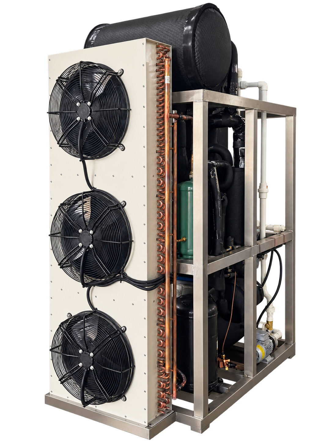 Condenser-side view of a Jinduo JDT10 tube ice machine with three cooling fans and the complete equipment frame