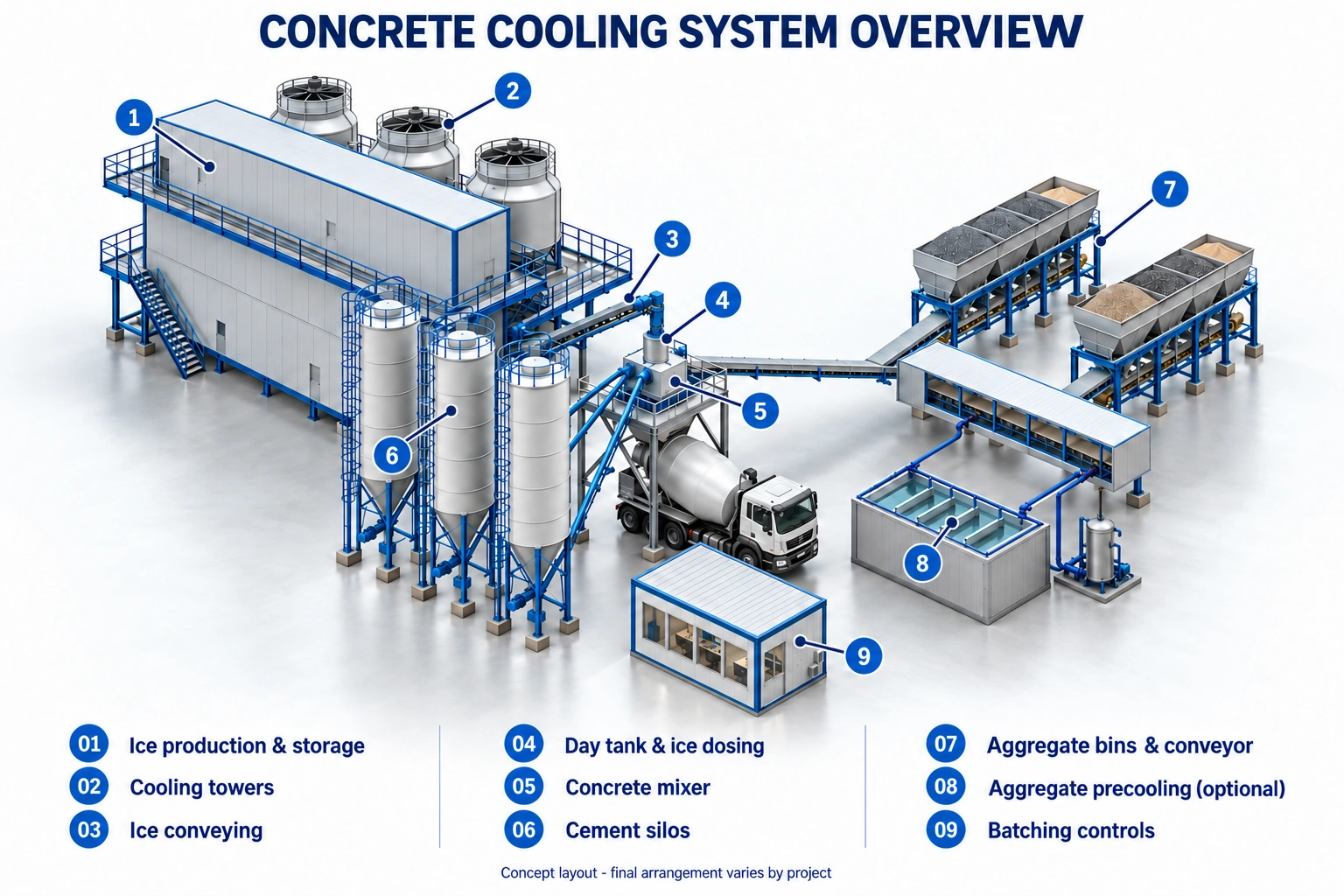 Annotated concrete cooling concept with nine numbered components: ice production and storage, cooling towers, ice conveying, day tank and ice dosing, concrete mixer, cement silos, aggregate bins and conveyor, optional aggregate precooling, and batching controls.